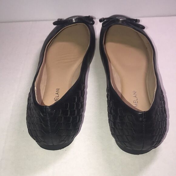 Antonio Melani Women's Black Leather Woven Bow Round Toe Ballet Flats Size 6.5 - Picture 5 of 6